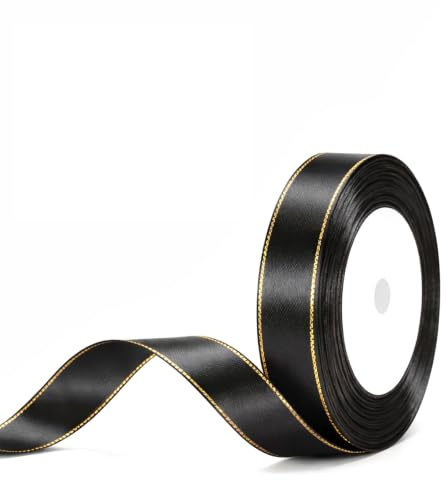 G2PLUS 20mm Black Ribbon with Gold Edge: 22m Satin Ribbon for Gift Wrapping, Wedding, Bows Bouquet, Floral Arrangement and Craft