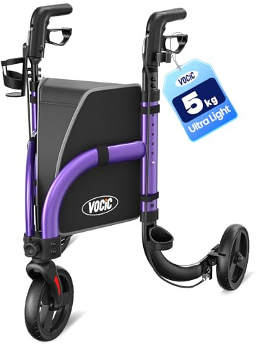 VOCIC Z25 Rollator Walker for Seniors, Only 5kg Lightweight 3 Wheel Walker | Aluminium Ultralight Rollator Walker with 20cm All Terrain Tires, Cane Holder & Cup Holder, Brakes, Max 136kg, Purple