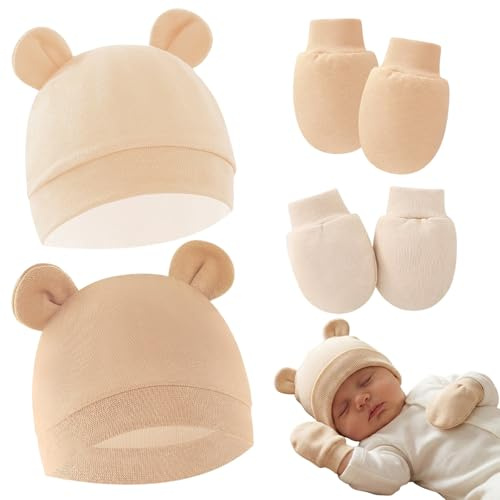 MNYXIS 2 Sets Bonnets de Naissance et Moufles de Protection Bébé Gants Bonnet Nouveau-né Bambin Doux Mignon Tricoté Chapeau 0-6 Mois, kit naissance bebe, Bebe naissance Tenues