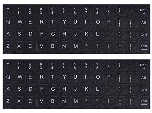 2 x Englische Tastatur-Aufkleber - Universelle Tastatur-Buchstaben-Ersatzaufkleber, Weiße Schrift auf Schwarzem Hintergrund für Computer, Laptop, Notebook, Desktop