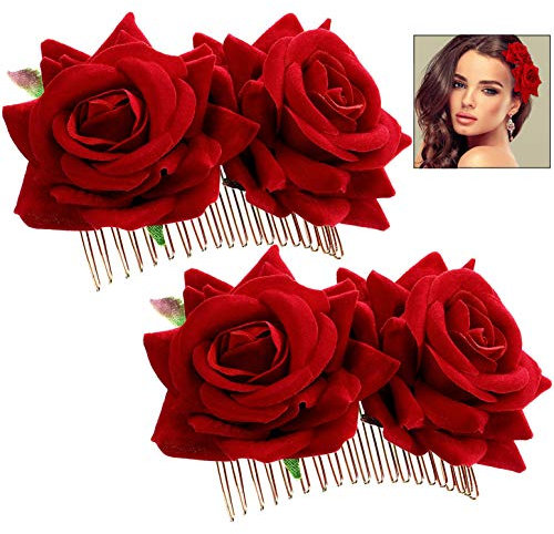 iwobi 2 piezas accesorio para el pelo rosa, gran pinza para bailarina flamenca novia clip de flores (rojo)