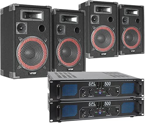 Sistema de Sonido Completo 1000W – 4 Altavoces, 2 Amplificadores 500W, Cables de 10m, Conexión Teléfono/Laptop/MP3, Sonido Profesional para Eventos, Fiestas y Locales Comerciales