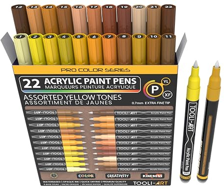 Acrylic Paint Pens 22 Yellow & Brown Tones Assorted Pro Color Series Markers Set 0.7mm Extra Fine Tip for Rock Painting, Glass, Mugs, Wood, Metal, Canvas, Projects, Non Toxic, Waterbased, Quick Drying