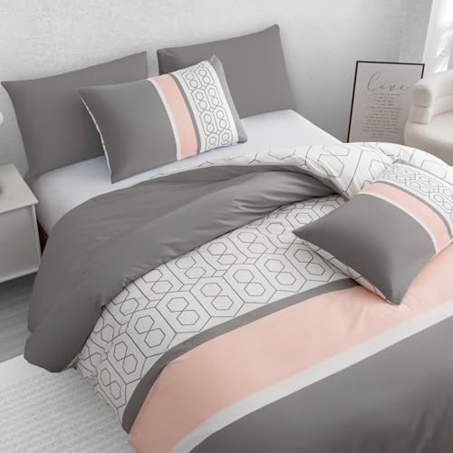 Pamposh Juego de Funda de edredón – Juego de Ropa de Cama de fácil Cuidado con Cierre de Cremallera – Microfibra ultrasuave, Gris y Blanco (Gris, Single (135 x 200 cm))