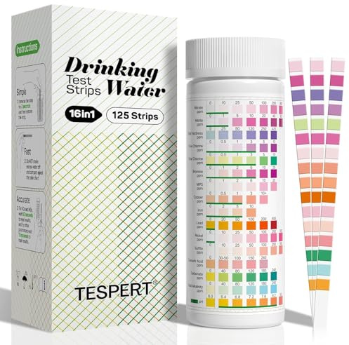 Kit de prueba de agua para agua potable – 125 tiras 16 en 1 pozos y kit de prueba de agua potable TESPERT tiras de prueba de agua con dureza, pH, mercurio, plomo, hierro, cobre, cloro, ácido cianúrico
