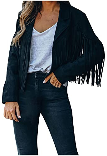 Mockajacka för kvinnor, kort jacka för damer, tidig elegant övergångsjacka, långärmad, lätt sommarjacka, kort mockajacka med fransar, kavaj, fransjacka, bikerjacka, vintage, bomberjacka