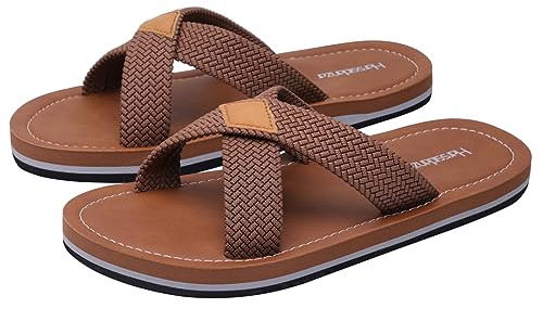 Harssidanzar Men's Cross Slide Sandals Slip on Comfortable Lightweight Summer Slipper Shoes For Indoor and Outdoor Quick-Dry KM229UK,Saddle,Size 8.5