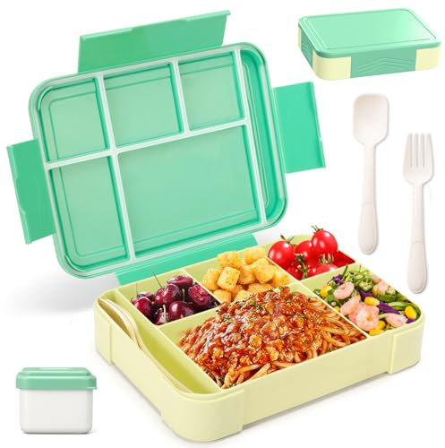 WECUTE Brotdose Kinder mit Fächern, 1330ml Jausenbox inkl. Besteck, Auslaufsicher Bento Box, Lunchbox Kinder, Vesperdose für Kindergarten & Schule,Mikrowellen (Grün)