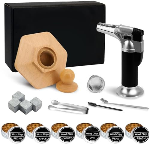 Cocktail Smoker Kit with Torch, Drink Smoker Kit With 6 Flavors Wood Chips, 4 Whiskey Stones, Whiskey Smoker Kit For Infuse Cocktail, Portable Cocktail Smoker Gifts For Men (No Butane)