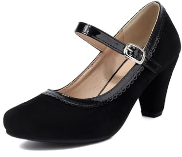 elerhythm Damen Mary Jane Ankle Strap Geschlossen Runde Zehe Vintage Heels Gatsby 1920er Jahre Pumps 1950er viktorianische Retro Schuhe (Schwarz EU41)