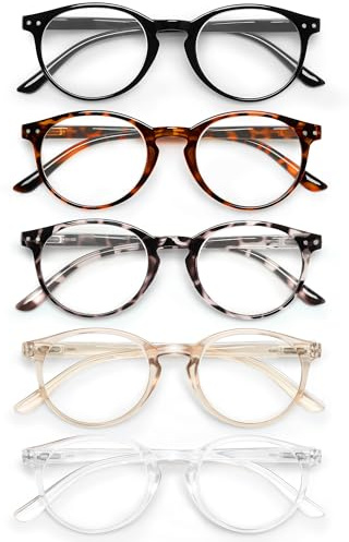 JOLISU Lot de 5 lunettes de lecture pour femmes/hommes - Lunettes de lecture pour ordinateur bloquant la lumière bleue avec monture ronde - Lunettes de vue rétro à verres transparents（1.75