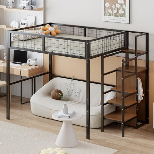 Idemon Cama alta de 140 x 200 cm con escalera, cuna con marco de hierro y estante de almacenamiento, armario, camas para adolescentes, camas para adultos (negro)