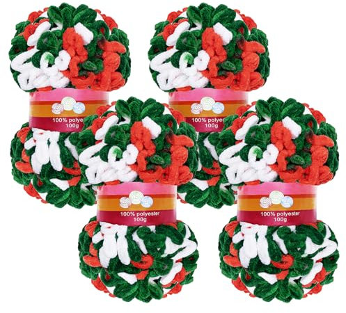 ilauke Chunky Yarn 4x100g, Red&Green&White, Acrylic