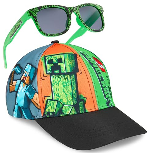 Minecraft Occhiali Sole Cappello Bambino Set Creeper Berretto Baseball Regolabile con Visiera e 100% UV Occhiali da Sole (6-14 Anni, Multi)
