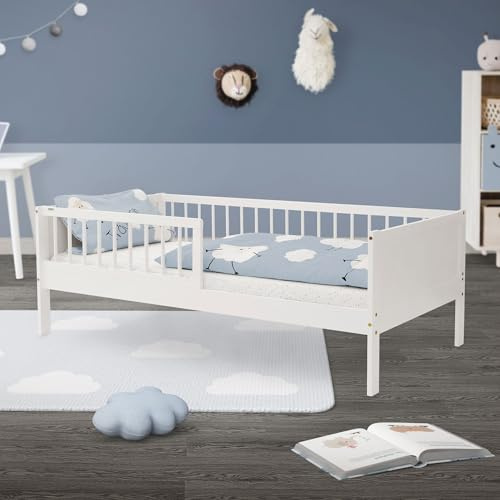 ML-Design Kinderbett 80x160 cm, Weiß, Einzelbett für Kinder mit Lattenrost und Rausfallschutz, Jugendbett aus Kiefernholz, Holzbett, Bettgestell für Jungen & Mädchen, Massivholz Babybett Kleinkindbett