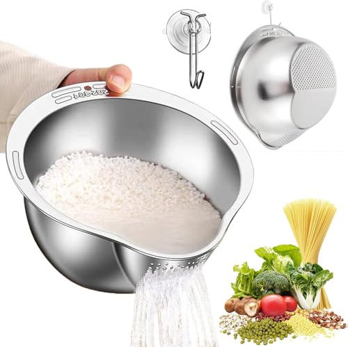 Exquilnova Colador de arroz, lavadora de arroz con tamiz lateral, cuenco de lavado de arroz de acero inoxidable para limpiar arroz, colador para limpiar frutas, frijoles y verduras