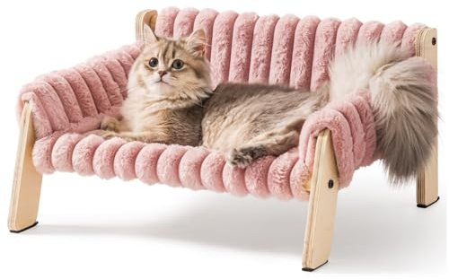 MEWOOFUN Sofá cama para gatos grandes y gatitos, cama resistente de madera para gatos pequeños (rosa, M)