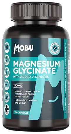 MOBU Magnesium Glycinate 1500mg with Vitamin B6 – 120 Vegan Capsules - High Strength - 315mg Elemental Magnesium - Pure with No Fillers or Binders UK Made