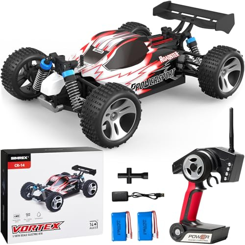 SIMREX 1:18 Scale All-Terrain Remote Control Car, 45 km/h, 4WD with 2.4 GHz Remote Control, RC Car with 2 Rechargeable Batteries, Gift for Children and Adults, Red