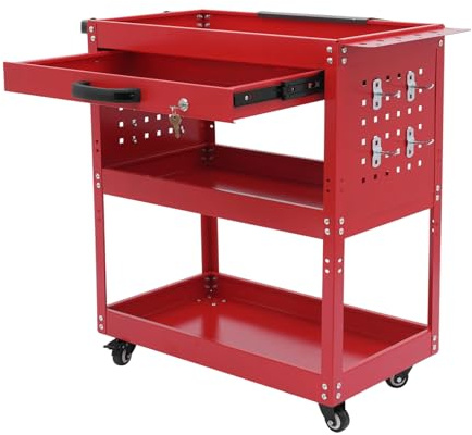 Servante d'atelier à 3 niveaux en acier - Chariot à outils roulant avec capacité de charge de 250 kg - Tiroir avec serrure, 4 roues (2 verrouillables) et boîte supplémentaire pour atelier, industrie