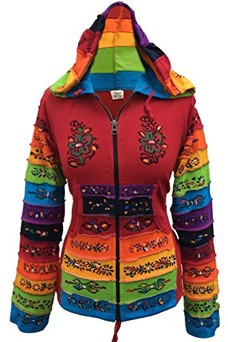 Shopoholic mode damer lapptäcke pixie huva regnbåge mönster jacka, hippy, röd, XL