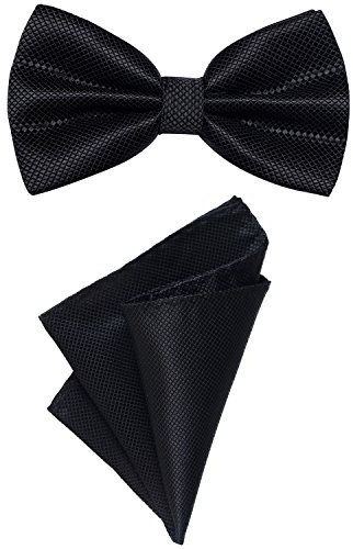 DonDon 2er Set Herren Fliege und Einstecktuch farblich passend gebunden und größenverstellbar schwarz