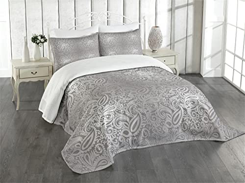 ABAKUHAUS Damast Tagesdecke Set, Königliche Paisley-Muster, Set mit Kissenbezügen Waschbar, für Doppelbetten 264 x 220 cm, Grau