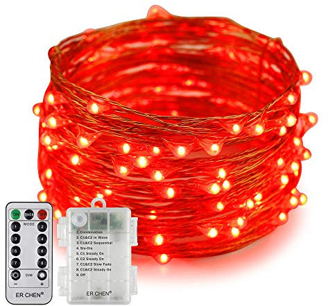 Erchen Battery Operated LED String Lights, Dimmable 33 FT 100 LED Ultra Thin Waterproof 8 Modes Timer Copper Wire Fairy Lights with 13 Key Remote Control for Indoor Outdoor Christmas Party (Red)