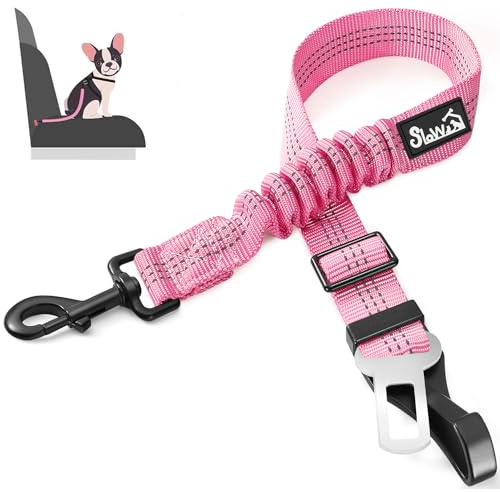 SlowTon Dog Seat Belt for Car, Adjustable 3 in 1 Dog Seatbelt with Elastic Bungee Buffer, Nylon Heavy Duty Dog Car Harness Reflective Safety Tether Leash with Latch Hook Clip Pink