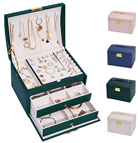 hombrima 3 Layers Travel Jewelry Box, Jewelry Storage Organizer Cases with 2 Drawers and Lock for Women’s Necklace Earrings Rings Bracelet(Green)