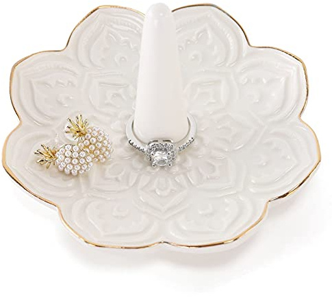 RUIMIC Ceramic White Mandala Jewelry Holder Decorative Ring Holder/Trinket Tray Engagement Wedding Birthday Gifts for Women Her
