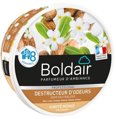 BOLDAIR - Gel destructeur d'odeur Karité Monoï - Neutralise les odeurs - parfume - Produit gel solide - Multi application - durée 8 semaines - 300g - Fabrication française