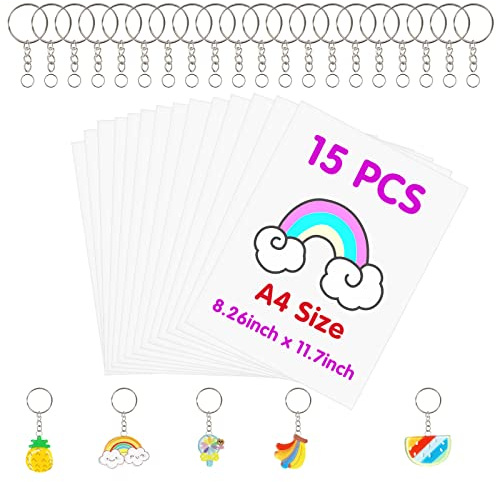 FASBET 135pcs Big Size Heat Shrinky Paper Keychain Kit with 120pcs Keychains Accessories and 15pcs A4 (11.7''x8.3'') Clear Heat Shrinky Art Film Paper for Christmas Making Creative Craft Handwork