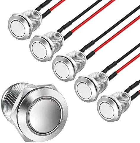 Gebildet 5pcs Prewired Waterproof Push Button Momentary Stainless Steel Push Button On Off 12mm 2A 12V/24V/125V/250V AC (Flat Head)