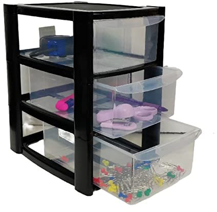 Small 3 Tier Desktop Drawer Unit Black Stationery Storage Filing Tower Unit Holds A5 Paper