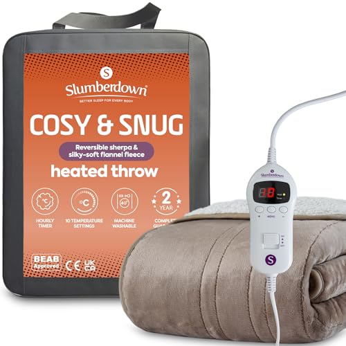 Slumberdown Luxury Heated Throw Blanket (130x160cm) - Reversible Sherpa & Fleece Electric Blanket with 10-Heat Settings & Timer | Energy Efficient (3p/hr), 2-Year Guarantee, Washable, Brown