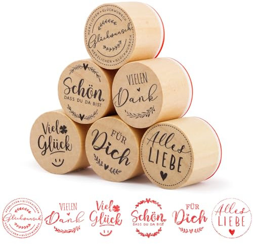BETESSIN 6Pcs Stempel Holz Vielen Dank Holzstempel zum Basteln Viel Glück Glückwunsch Stempelset Holz Deutsch Sprüche Motivstempel Rund für Kartenbasteln Scrapbooking Bullet Journal