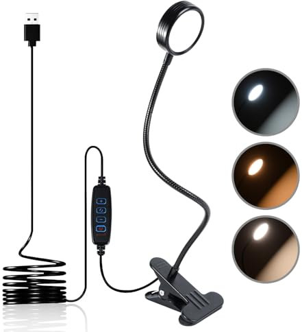 CeSunlight Clip Light, Clamp Reading Lamp, Clip Lamp, 5 W Desk Lamp, Warm & Daylight & White Light 3 Colors, 10 Brightness Levels, 59 Inches USB Cable
