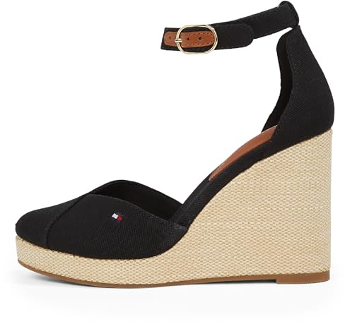 Tommy Hilfiger Espadrilles Compensées Femme Flag Closed Toe à Bride Cheville, Noir (Black), 36