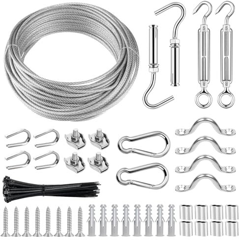 TooTaci Catenary Wire Kit, 20M/3mm PVC Coated Cable for Hanging Outside Lights with M5 Turnbuckle & Hooks, Ideal for Garden Wire Trellis, Festoon Light Support, Fairy Lights & Shade Sails