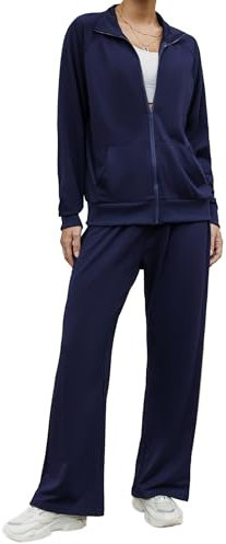 Terecey Jogginganzug Damen Langarm Trainingsanzug Freizeitanzug Set 2 Teilig Sportanzug Sportbekleidung Komfortables Zweiteiler Zipper Jacke und Kordelzug Sporthose Set für Fitness, Navy Blau XXL