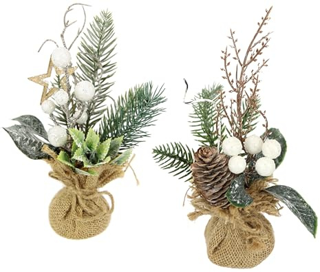 Künstliche Mini Weihnachtsbäume mit Beeren Zapfen Stern Tannenzweige im Jute-Topf 23cm 2er Set Gesteck Kunstblume Winterblume Blume Pflanze Zweige Weihnachtsdeko Tischdeko Tannengesteck Blumenschmuck