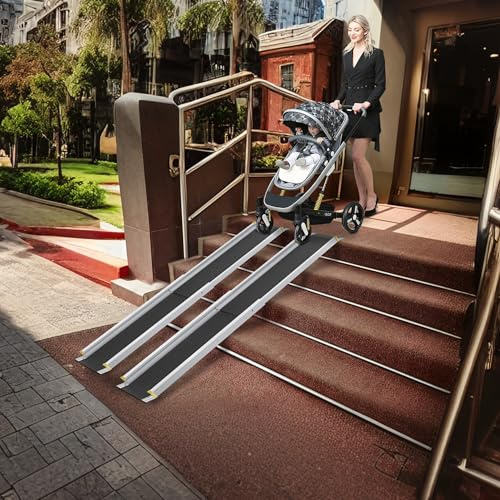 UISEBRT 2 x Rampa telescópica para silla de ruedas, rampa de aluminio para silla de ruedas, rampa de acceso ajustable telescópica, capacidad de carga para escalera hasta 300 kg (121-183-213cm)