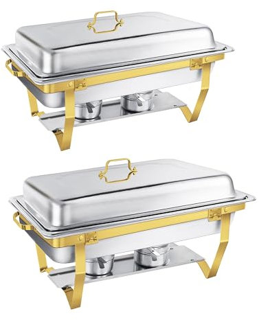 Chafing Dish Buffet Set 9L Gold, 2 recipientes Calentadores de Acero Inoxidable, Calentador de Alimentos, hornillo para Catering Buffet