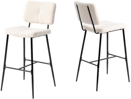 Meuble Cosy Lot de 2 Tabouret de Bar Industriel avec Dossier et Repose-Pieds, Siège Rembourrés de 75 cm de Haut, Chaises Hautes en Bouclette Cadre en métal, Beige