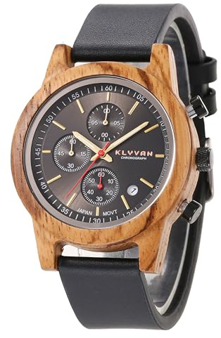 KLYVAN-Montre élégante chronographe à Quartz Japonais pour Hommes, cadrant en Bois Naturel avec Bracelet en Cuir Noir.
