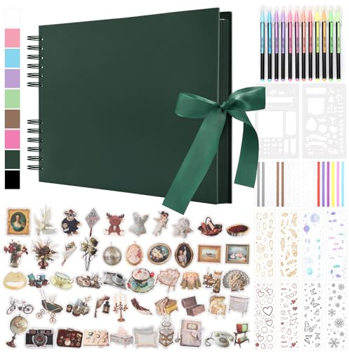 DazSpirit Album Fotografico Personalizzabile Scrapbook, 80 Pagine DIY Album Foto con Copertina Rigida, con 12 Pennarelli e Adesivi, Regalo per Anniversario, Compleanno, Viaggi, Bambino, Verde Scuro