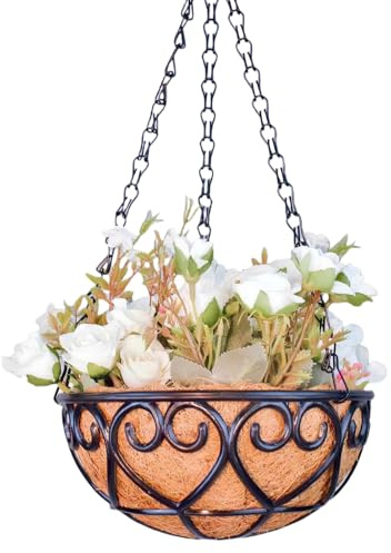 Cesto per piante da appendere, con catena, in metallo, per piante sospese, con inserto in cocco, supporto rotondo per piante con catena per balcone e giardino (cestino vuoto)