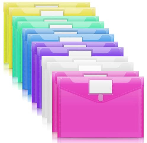 Pochette Document A4,Pochette Classeur 6 Couleurs PVC Transparentes,Pochettes Fermeture vec Rabat Fermeture à Pression et Etiquette,pour Bureau,Voyage, Fournitures(12PCS)