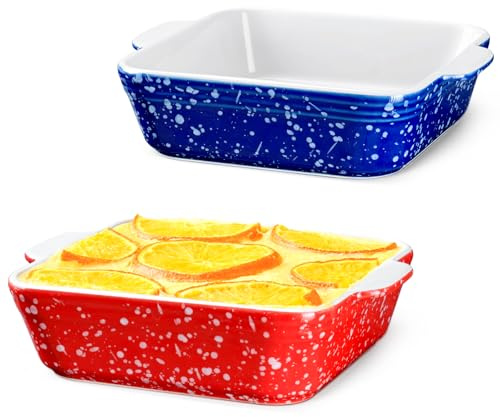 NUTRIUPS 5.5“ Square Ceramic Baking Dish Set, 2-Pack Small Baking Pan 13oz Mini Casserole Dish for 1~2 Baking & Serving (Red&Blue)